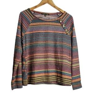 NWT Always Indigo orange brown burgundy maroon stripe button details top xl